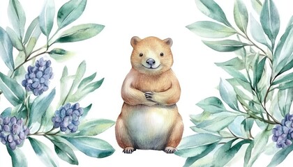 Cute watercolor illustration of a quokka surrounded by foliage and berries