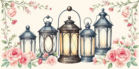 Elegant Watercolor Lanterns with Pink Roses Romantic Home Decor Vintage Style Lighting
