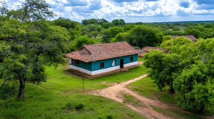 High angle view of a traditional rural house amidst lush green trees and vegetation. The house, with a teal green exterior and a light colored wall