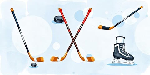 Ice Hockey Equipment Sticks Puck and Skates on a Winter Background