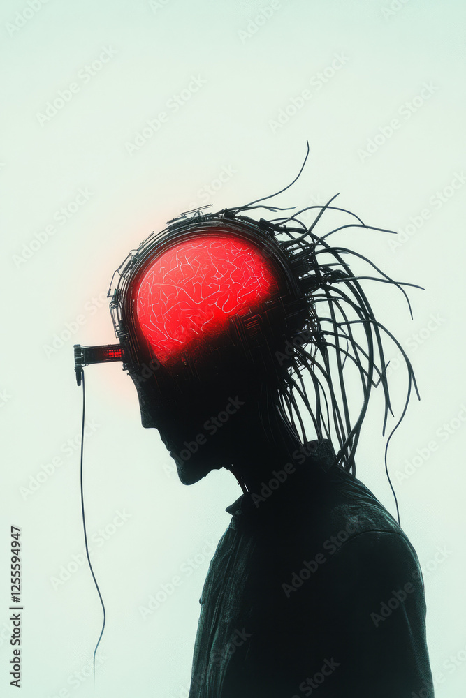 Aufkleber A sci-fi-inspired figure showing intricate cranial circuitry and a vivid red brain, connected to an