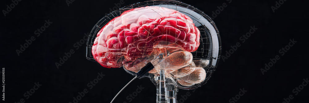 Aufkleber A hyper-detailed robot-human hybrid featuring a ruby-hued brain visible under a translucent casing,