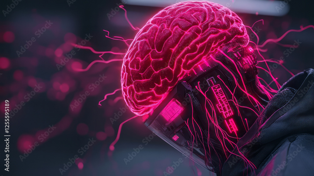 Aufkleber A near-future cyborg design displaying an exposed, illuminated red brain, seamlessly integrating a
