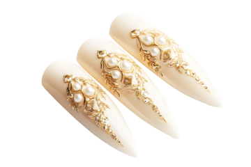 Artificial nails gel white floral pattern for women crafted with art intricate details isolated on cut out PNG or transparent background. Design for cosmetics and fashion-themed visuals enhancing.