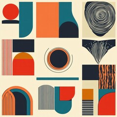 Abstract geometric shapes art print, mid-century modern style, cream background