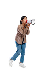 Portrait of an Asian Indonesian Woman in a shirt talking on a megaphone isolated over a white...