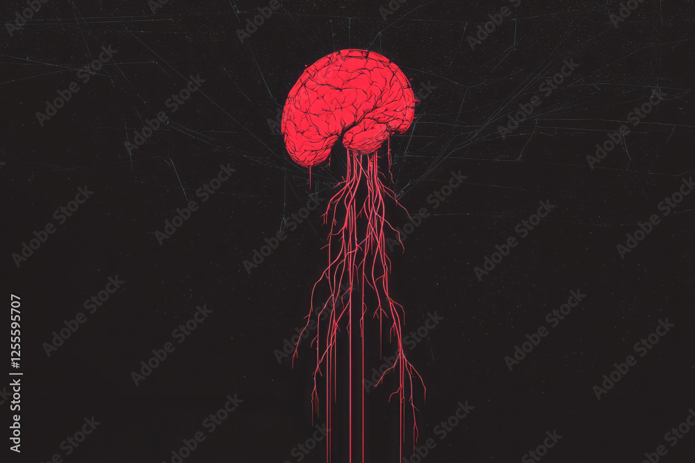 Poster a cyberpunk portrait featuring an engineered human with an anatomically detailed red brain,