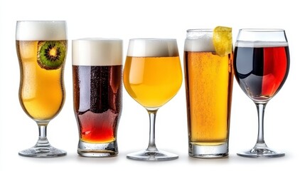 Variety of beverages in clear glasses against a plain white background, showcasing different types of beer and wine. Each glass is filled with a