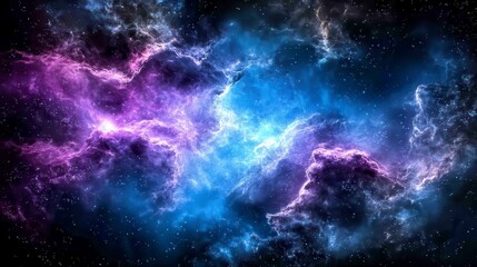 Fototapeta premium Vast expanse of nebulae with vibrant colors, deep purples and blues contrasted against a dark night sky speckled with stars, detailed textures and