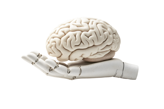 Conceptual image of AI robot cyborg hand holding human brain isolated on cut out PNG or transparent background. Symbol idea of robots taking over intellectual tasks from human. Future world technology