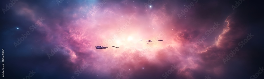 Poster vivid cosmic scene with swirling colors and distant stars in a nebula.
