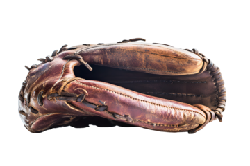 Old leather baseball glove brown designed for displayed isolated on cut out PNG or transparent background. Show texture and craftsmanship perfect for sport equipment photography product advertising.