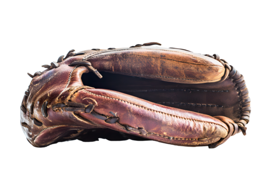 Old leather baseball glove brown designed for displayed isolated on cut out PNG or transparent background. Show texture and craftsmanship perfect for sport equipment photography product advertising.