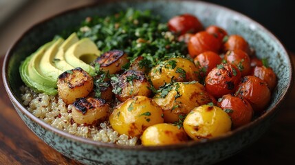 A vibrant bowl of quinoa, roasted vegetables, and avocado, emphasizing a plant-based diet.