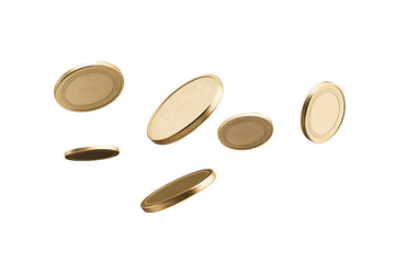 Floating many coins gold in mid-air isolated on cut out PNG or transparent background. Symbol earning money through social media set against. Concept of digital wealth and modern income.