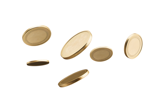 Floating many coins gold in mid-air isolated on cut out PNG or transparent background. Symbol earning money through social media set against. Concept of digital wealth and modern income.