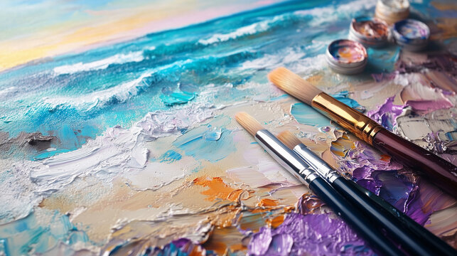 set of accessories for painting with paints and brushes. fine art tools. creative composition in flatley style.