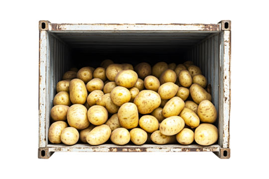 Potatoes spilling out from shipping container isolated on cut out PNG or transparent background. Vegetables focused on agriculture and global trade. Symbol of potato import, export logistics.