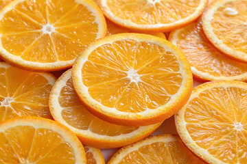 Fototapeta premium A vibrant arrangement of fresh, juicy orange slices, set against a clean background, highlighting the bright and refreshing qualities of this healthy, citrus-packed fruit. 