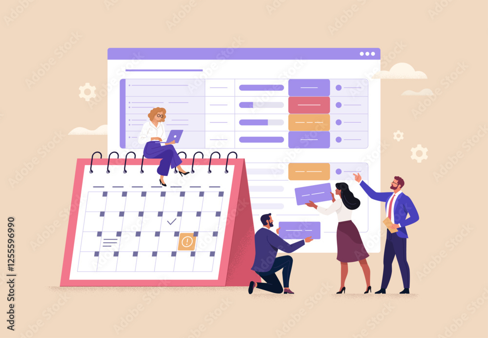 Poster business task management concept. vector cartoon illustration of a group of diverse people creating 