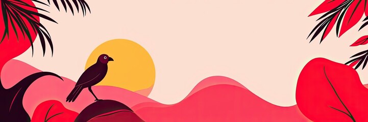Fototapeta premium Tropical Bird Sunset Landscape Pink Red Yellow Abstract Art