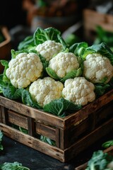 Fresh organic cauliflowers in rustic wooden crate with green leaves