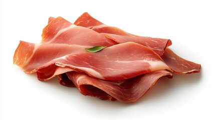 Iberico cured meat enhances flavorful appetizers. Sliced cured meat arranged on a white background.