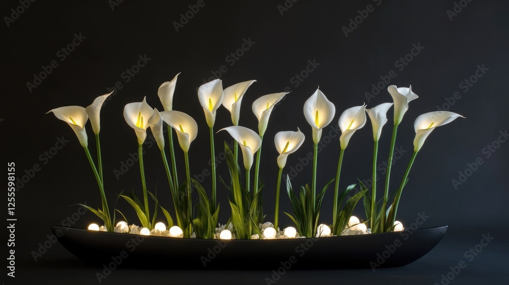 Poster a simple yet elegant display of white calla lilies against a black background, ideal for creating a 