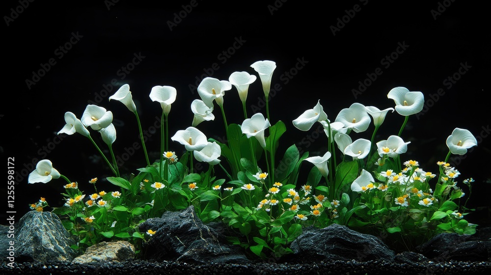 Poster A simple yet elegant display of white calla lilies against a black background, ideal for creating a calming atmosphere