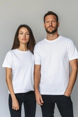 Obraz premium A man and woman are standing next to each other in white t-shirts. The man is wearing a black shirt underneath his white shirt