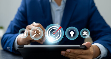 Concept of business strategy and future sustainable business finance action plan. Hand touch target...