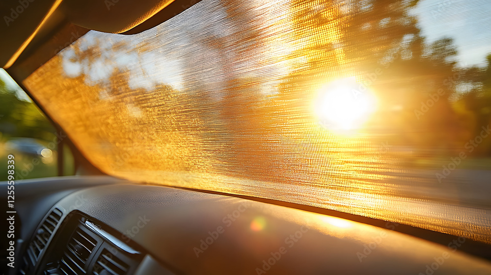 Poster a warm sunrise shines through a car's windshield, creating a beautiful play of light and texture on 