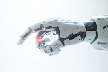 Cyborg hand finger pointing technology of artificial intelligence on white background. With detailed textures and realistic lighting. AI 3D work at support job futuristic. Future innovation.