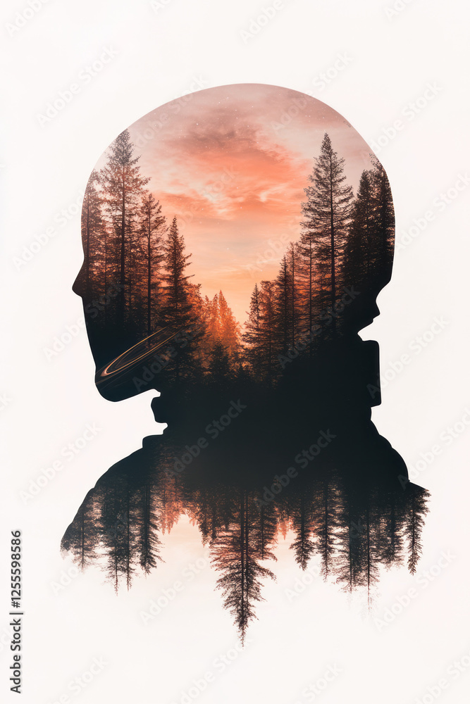 Poster a minimal sci-fi suit enveloping an astronaut whose mirrored face shield captures a peaceful