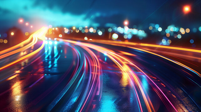 abstract blurred background night highway light trails city lights high-speed car motion
