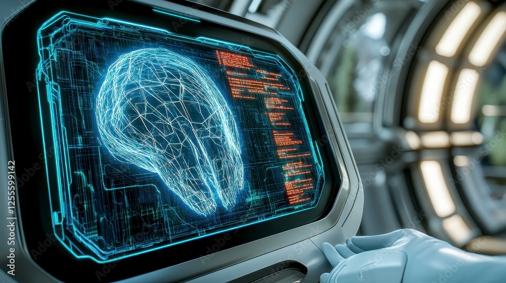 Poster high tech futuristic display showcasing a digital representation of a brain, intricate network of li