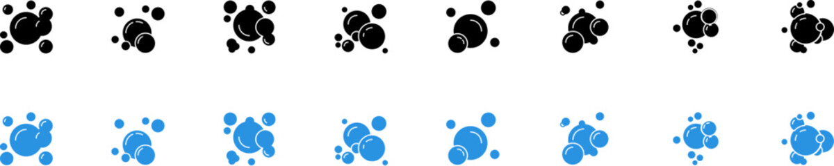 Carbonated drink and water blue bubbles icon set - champagne, soda and soap symbols