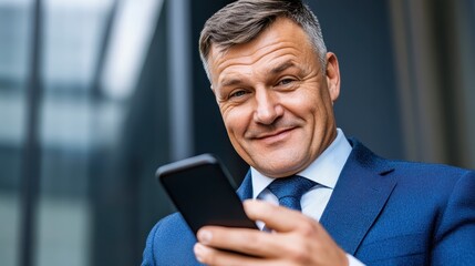 Close up of a mature man in a light blue textured suit looking directly at the camera, slightly smiling, while holding a black smartphone. The