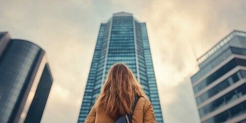 Fototapeta premium A woman standing in front of a tall skyscraper in an urban setting