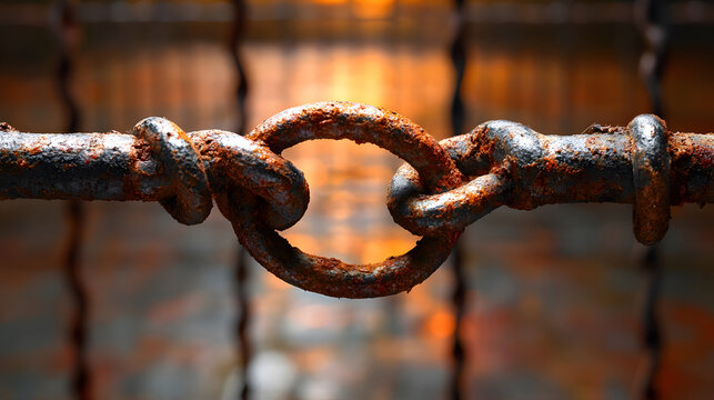 A close-up of a rusty metal chain link, showcasing texture and detail against a blurred, warm background
