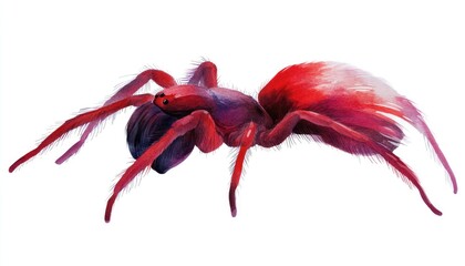 Vivid red and purple spider illustration with detailed fur texture on a white background