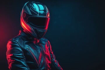 Biker in a leather jacket and helmet, isolated on a dark background with copy space, close-up.