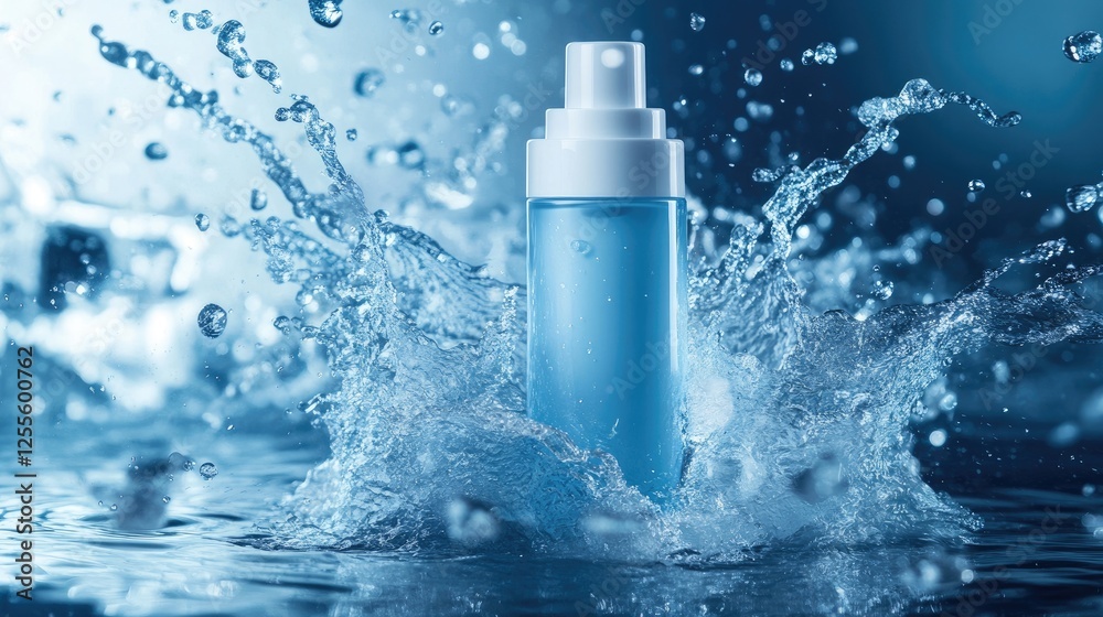 Poster a sleek cream bottle mockup in a vibrant water splash, with droplets flying around, emphasizing a re