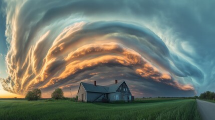 Stunning Cloudscape Over a Rural Farmhouse at Sunset