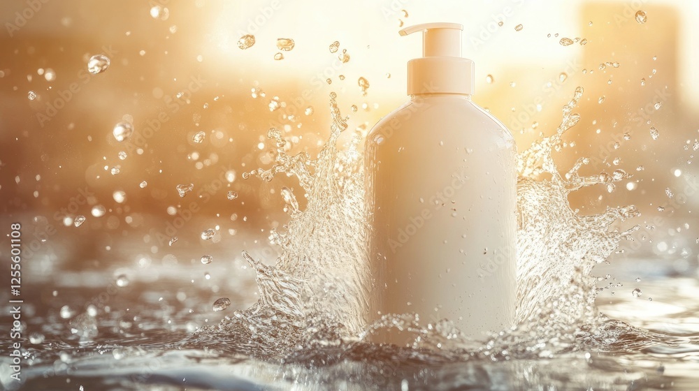 Aufkleber A sleek cream bottle splashed by vibrant water droplets, surrounded by flying water drops, creating a dynamic and refreshing image