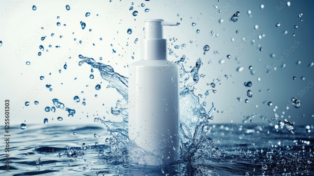 Poster A sleek cream bottle splashed by vibrant water droplets, surrounded by flying water drops, creating a dynamic and refreshing image