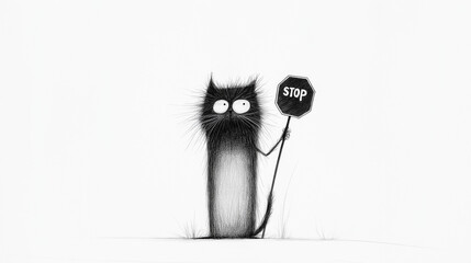 Vector illustration of a black and white cartoon cat with a stop sigh.