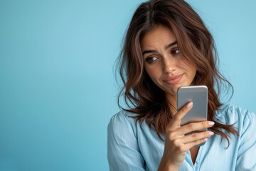 Fototapeta premium Indian woman looking at her smartphone with a worried expression
