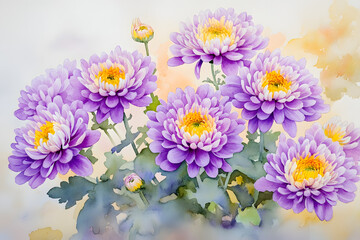 A watercolor painting of purple and yellow irises.