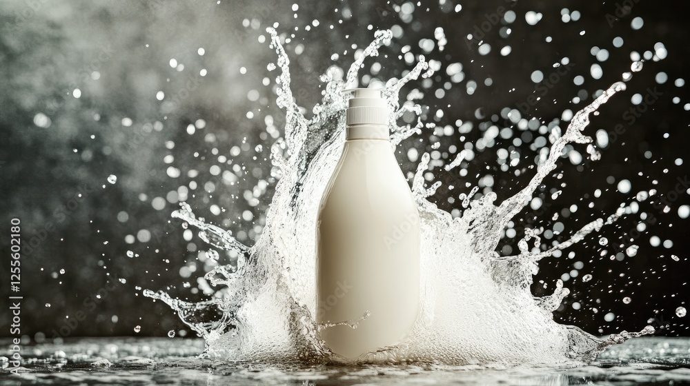 Poster a sleek cream bottle with a vibrant water splash around it, droplets flying in all directions, captu